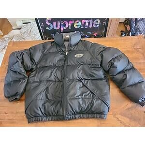 First Down Puffer Jacket Black Full Zip Reversible Nylon Goose Down Men Sz Large